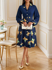 Printed Collared Neck Long Sleeve Dress Trandify Deal