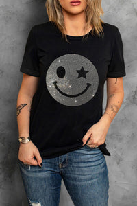 Rhinestone Smiley Round Neck Short Sleeve T-Shirt - Trandify Deal