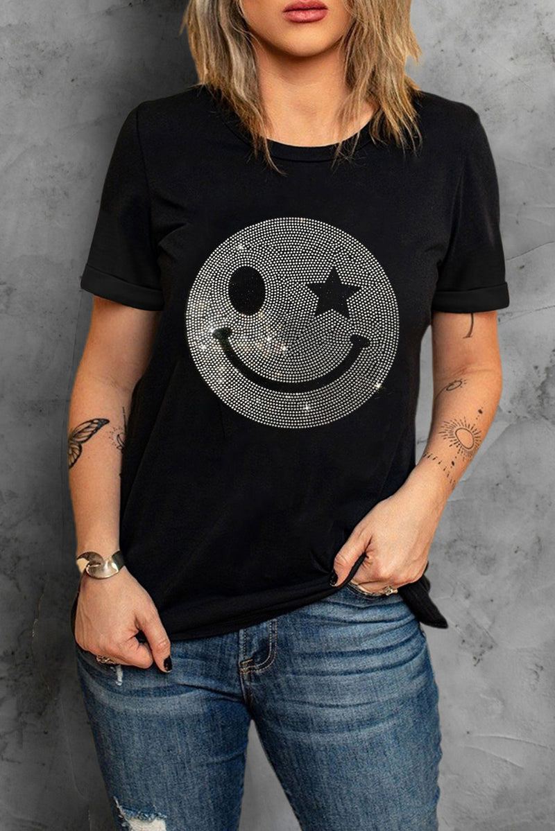 Rhinestone Smiley Round Neck Short Sleeve T-Shirt - Trandify Deal