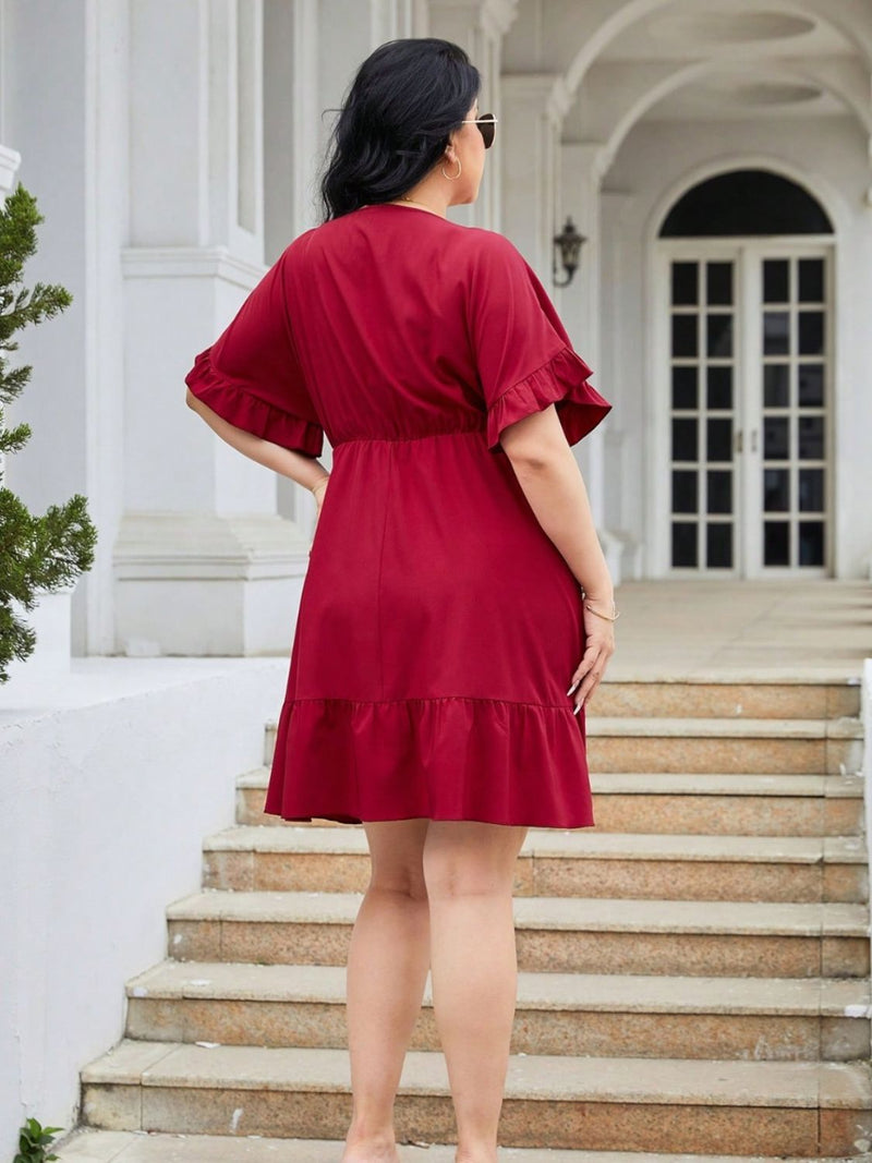 Plus Size Ruched Surplice Flounce Sleeve Mini Dress Trandify deal