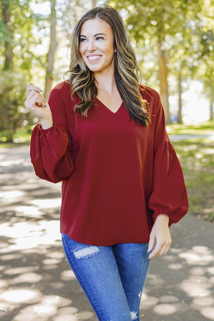 Ruched Notched Balloon Sleeve Blouse Trandify deal