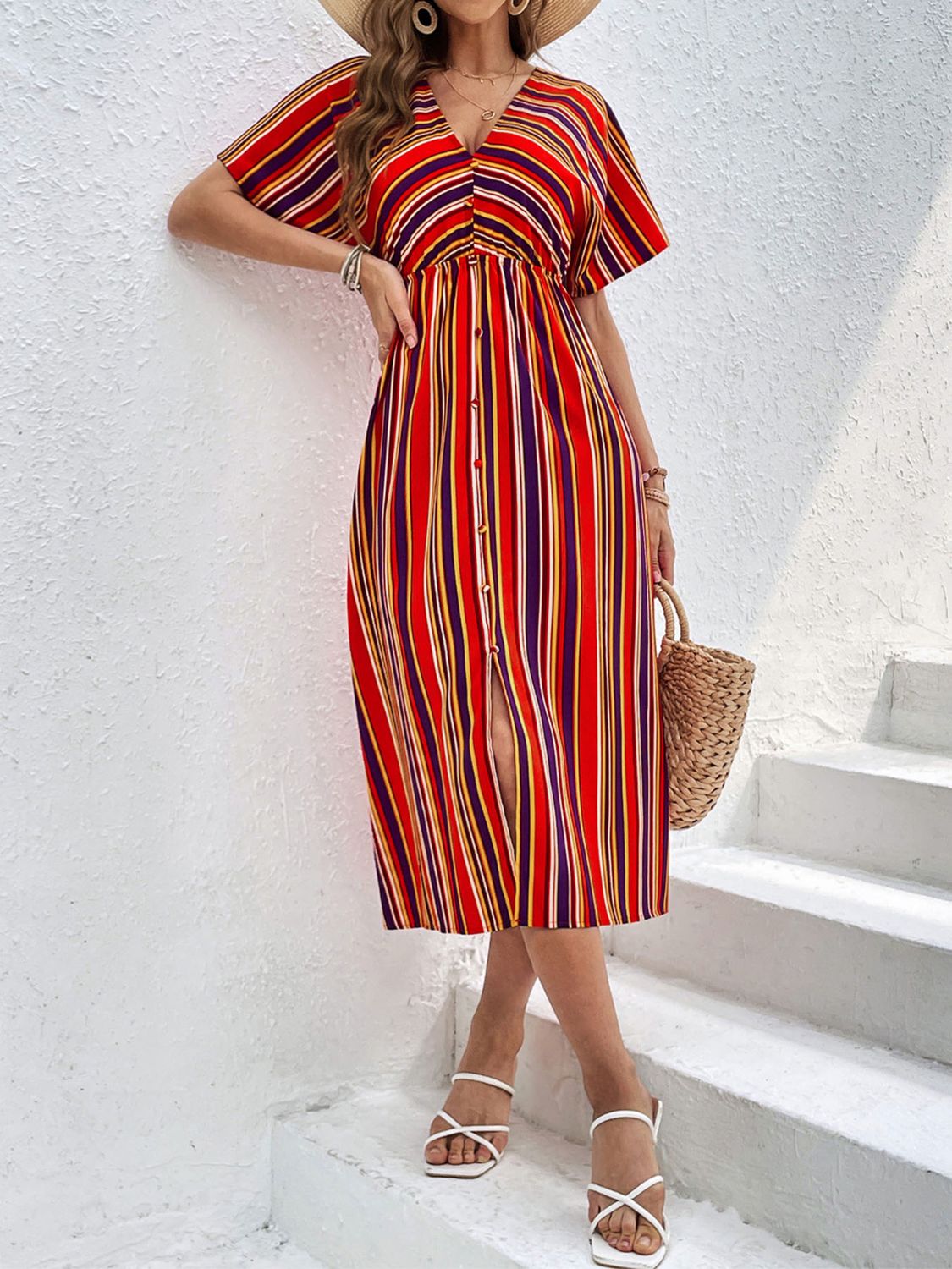 Perfee Slit Striped V-Neck Short Sleeve Midi Dress Trandify deal