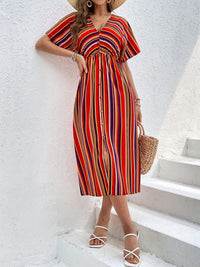 Perfee Slit Striped V-Neck Short Sleeve Midi Dress Trandify deal