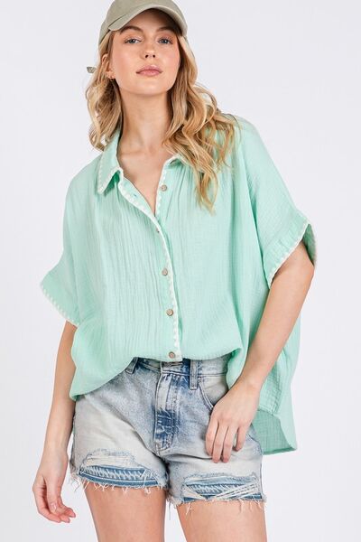 Boho Women’s Gauze Shirt with Contrast Trim – Stylish Casual Blouse
