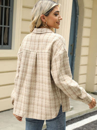 Plaid Collared Neck Long Sleeve Jacket Trandify Deal
