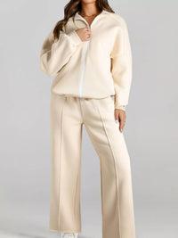 Women's Zip Up Jogger Set in Beige on model showing pockets