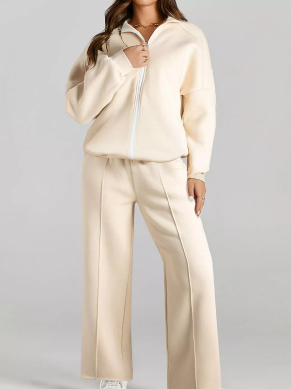Women's Zip Up Jogger Set in Beige on model showing pockets