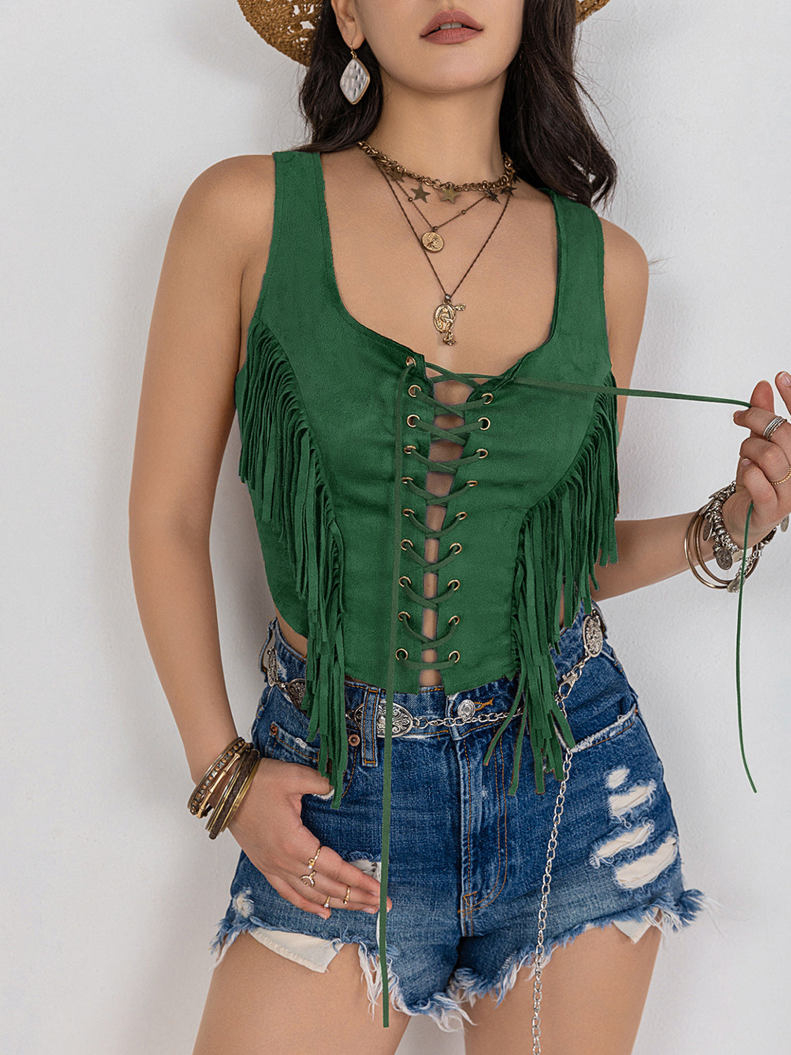 Fringe Lace-Up Wide Strap Tank Trandify Deal