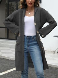 Pocketed Button Up Long Sleeve Hooded Cardigan Trandify Deal