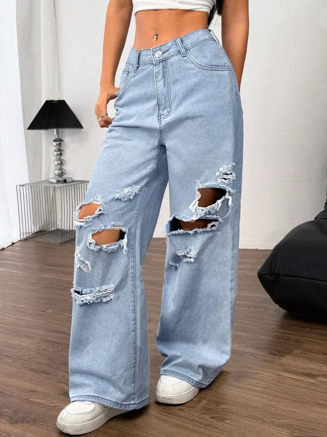 Distressed Wide Leg Jeans with Pockets Trandify Deal