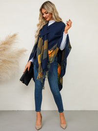Fringe Contrast Plaid Poncho Trandify Deal