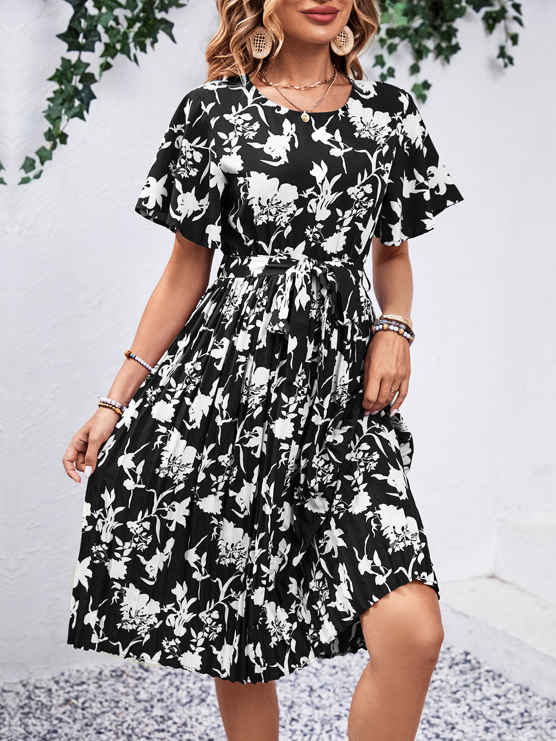 Printed Round Neck Short Sleeve Dress Trandify deal