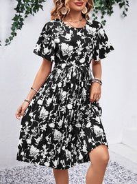 Printed Round Neck Short Sleeve Dress Trandify deal