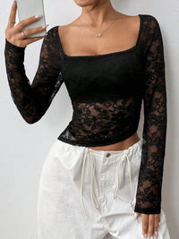 Square Neck Long Sleeve Lace Top Trandify Deal