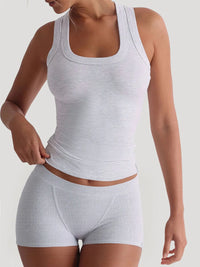 Women’s ribbed tank top and high-waisted shorts active set for gym workouts and summer lounging