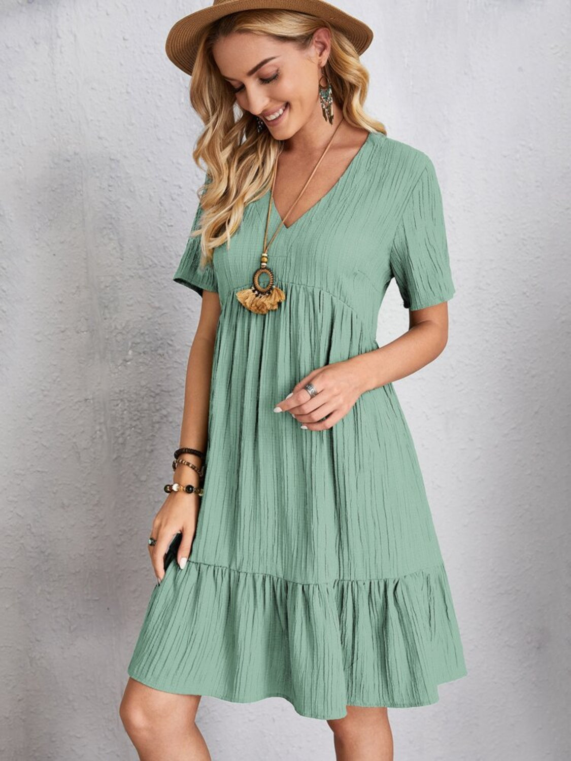 Full Size V-Neck Short Sleeve Dress Trandify deal