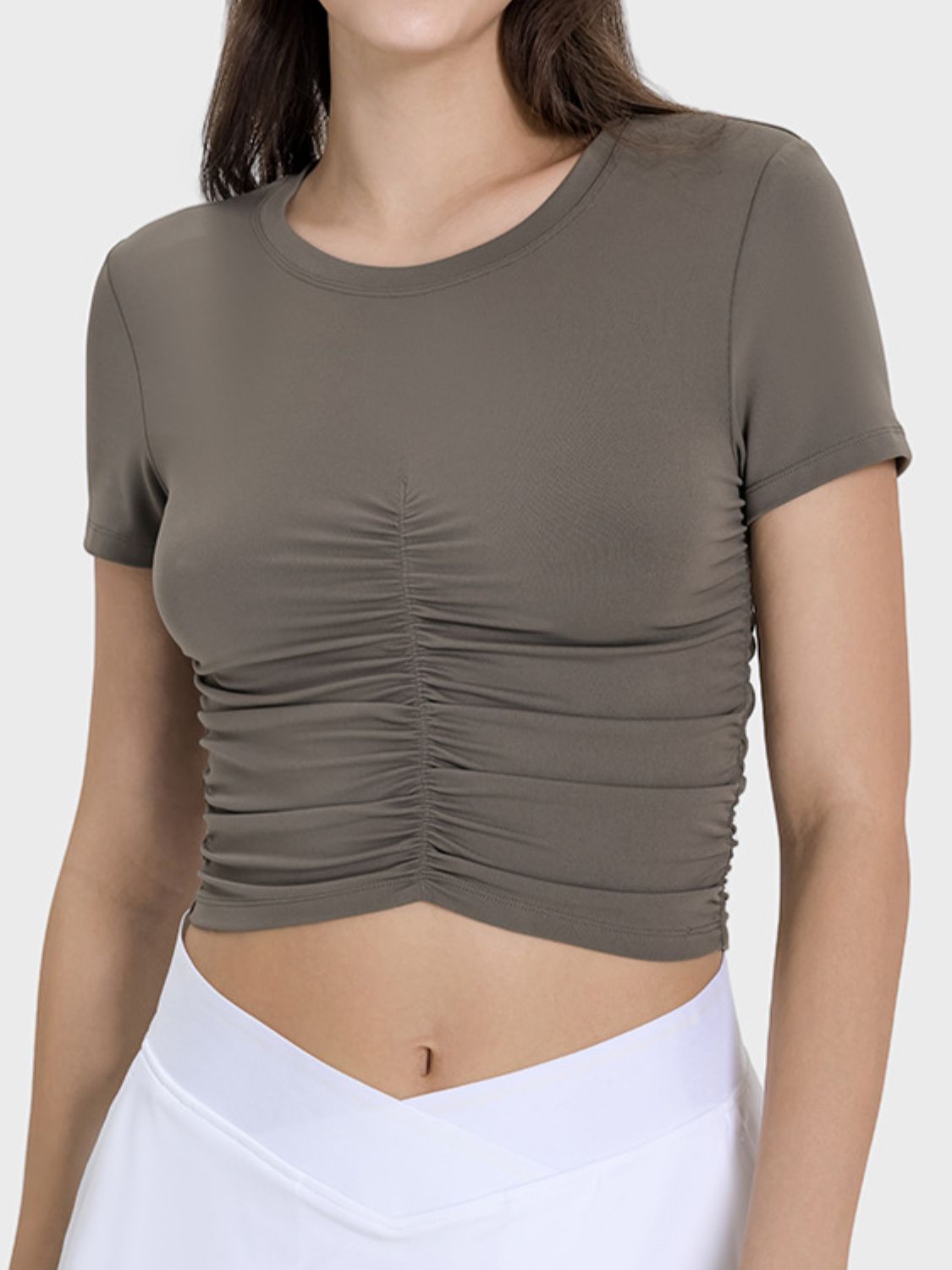 Millennia Ruched Round Neck Short Sleeve Active T-Shirt Trandify deal