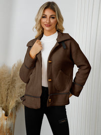 Pocketed Button Down Collared Neck Jacket Trandify Deal