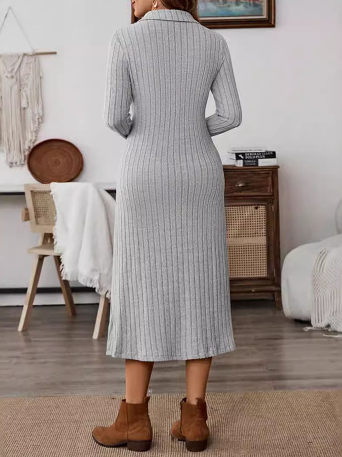 Collared Neck Long Sleeve Midi Dress Trandify Deal
