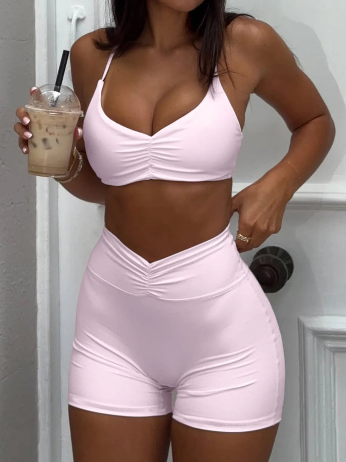 Women’s Ruched Sports Bra and High-Waisted Workout Shorts Set for Gym & Yoga