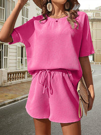 Waffle-Knit Half Sleeve Top and Shorts Set Trandify deal