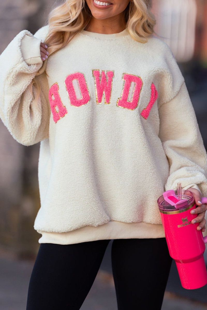 HOWDY Patched Round Neck Sherpa Sweatshirt Trandify Deal