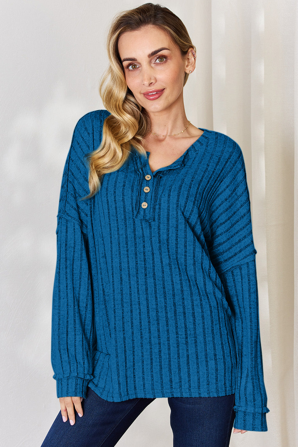 Basic Bae Full Size Ribbed Half Button Long Sleeve T-Shirt Trandify Deal