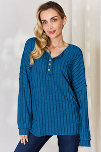 Basic Bae Full Size Ribbed Half Button Long Sleeve T-Shirt Trandify Deal