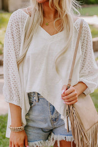 Trendy Openwork High-Low Hem V-Neck Oversized Top for Women – Casual & Boho Chic Blouse