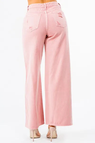 Trendy Distressed Denim Wide Leg Jeans – High Waist Comfort Fit