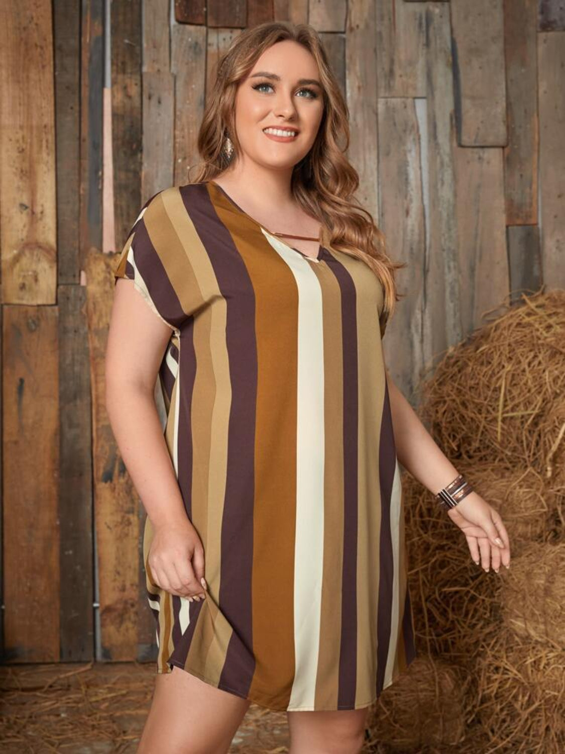 Plus Size Striped Short Sleeve Mini Dress Trandify deal