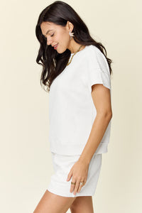 Double Take Full Size Texture Short Sleeve T-Shirt and Drawstring Shorts Set Trandify deal