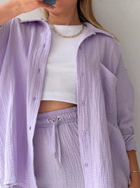 Trendy linen-blend two-piece set for women, stylish matching shirt and shorts
