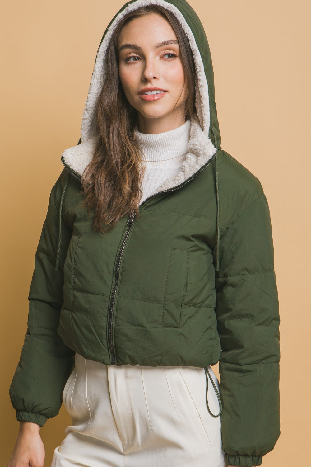 Love Tree Zip Up Cropped Hooded Sherpa Reversible Jacket Trandify Deal