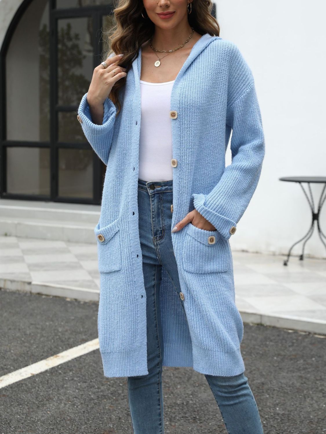 Pocketed Button Up Long Sleeve Hooded Cardigan Trandify Deal
