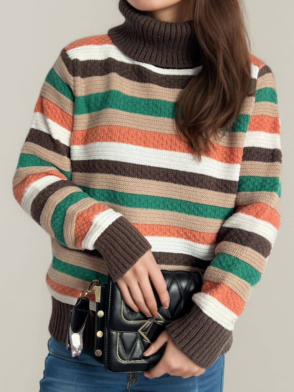 Contrast Stripes Turtleneck Long Sleeve Sweater Trandify Deal