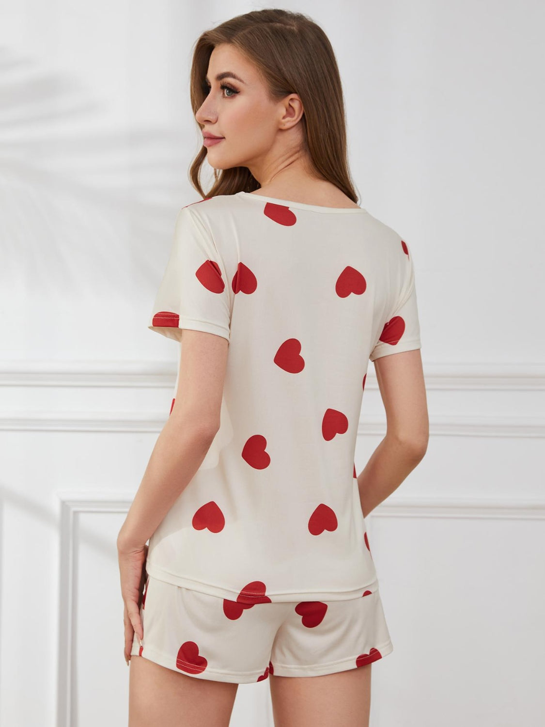 Heart Round Neck Top and Shorts Lounge Set Trandify deal