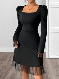 Black Square Neck Puff Sleeve Dress with Mesh Ruffle Hem
