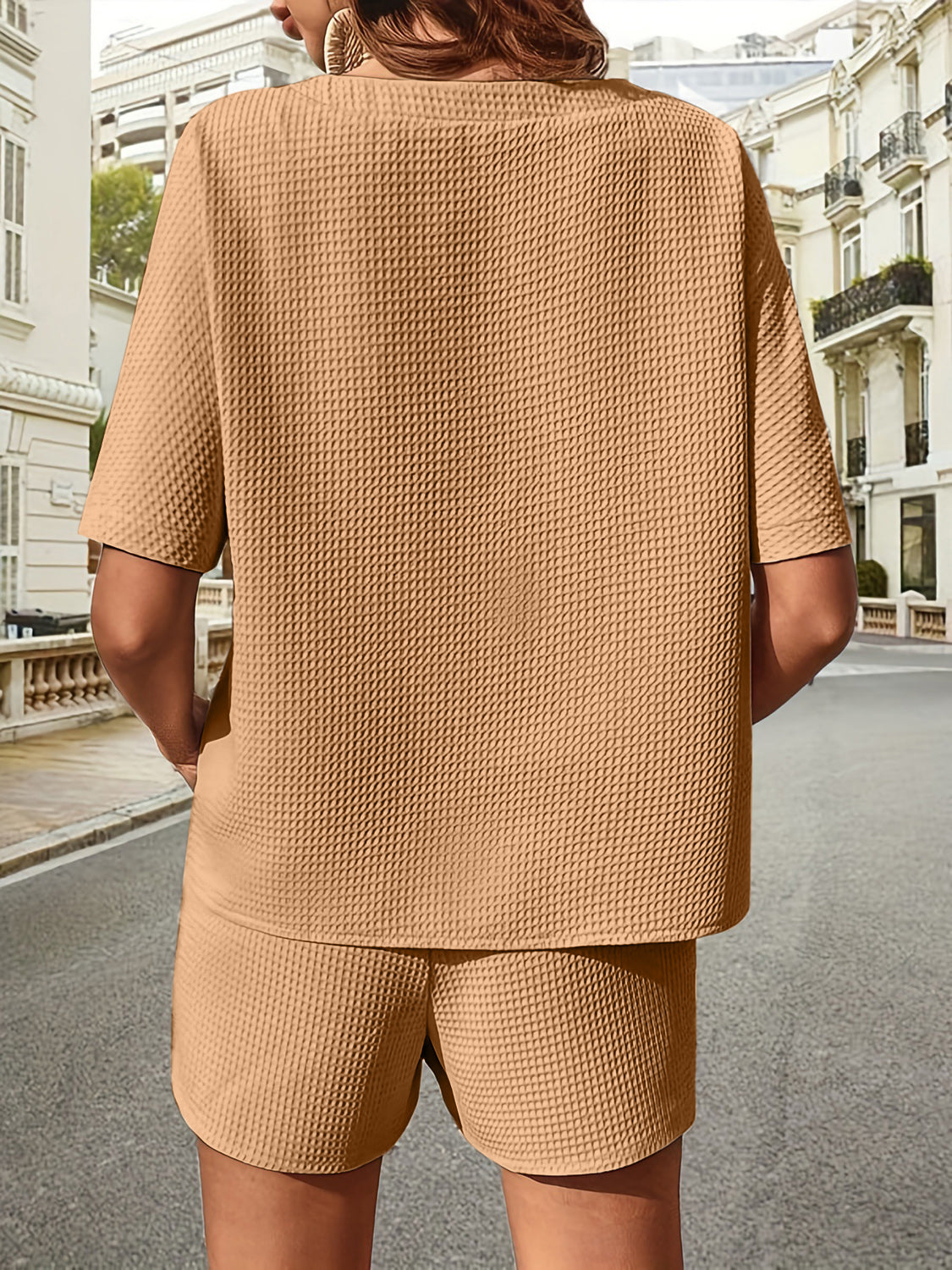 Waffle-Knit Half Sleeve Top and Shorts Set Trandify deal