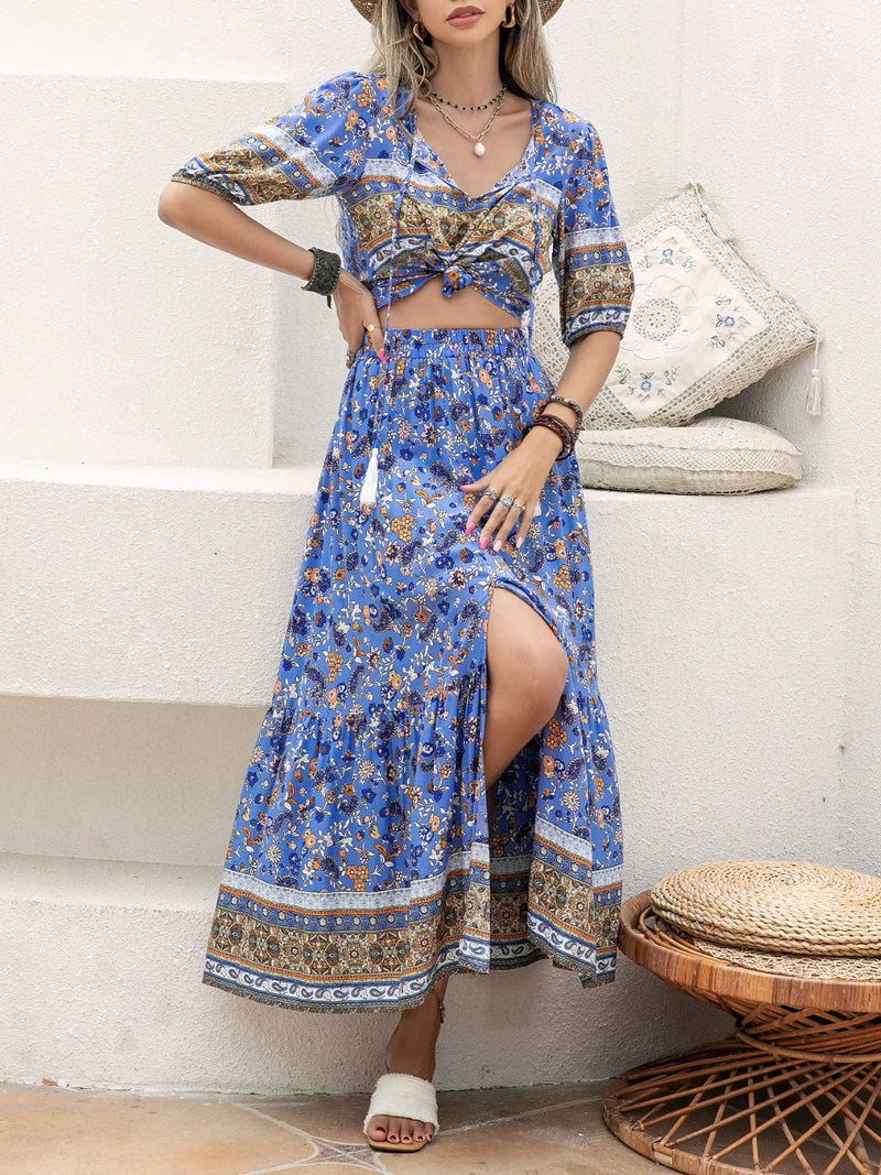 Ditsy Floral Tie Neck Top and Slit Skirt Set Trandify deal