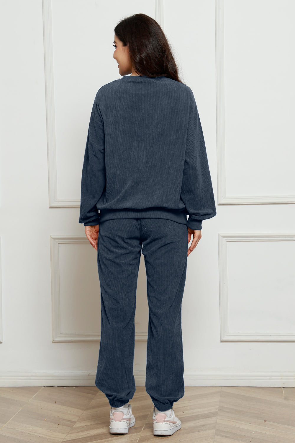 Corduroy Round Neck Sweatshirt and Sweatpants Set Trandify Deal