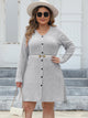 Plus Size Ribbed Buttoned V-Neck Long Sleeve Dress Trandify deal