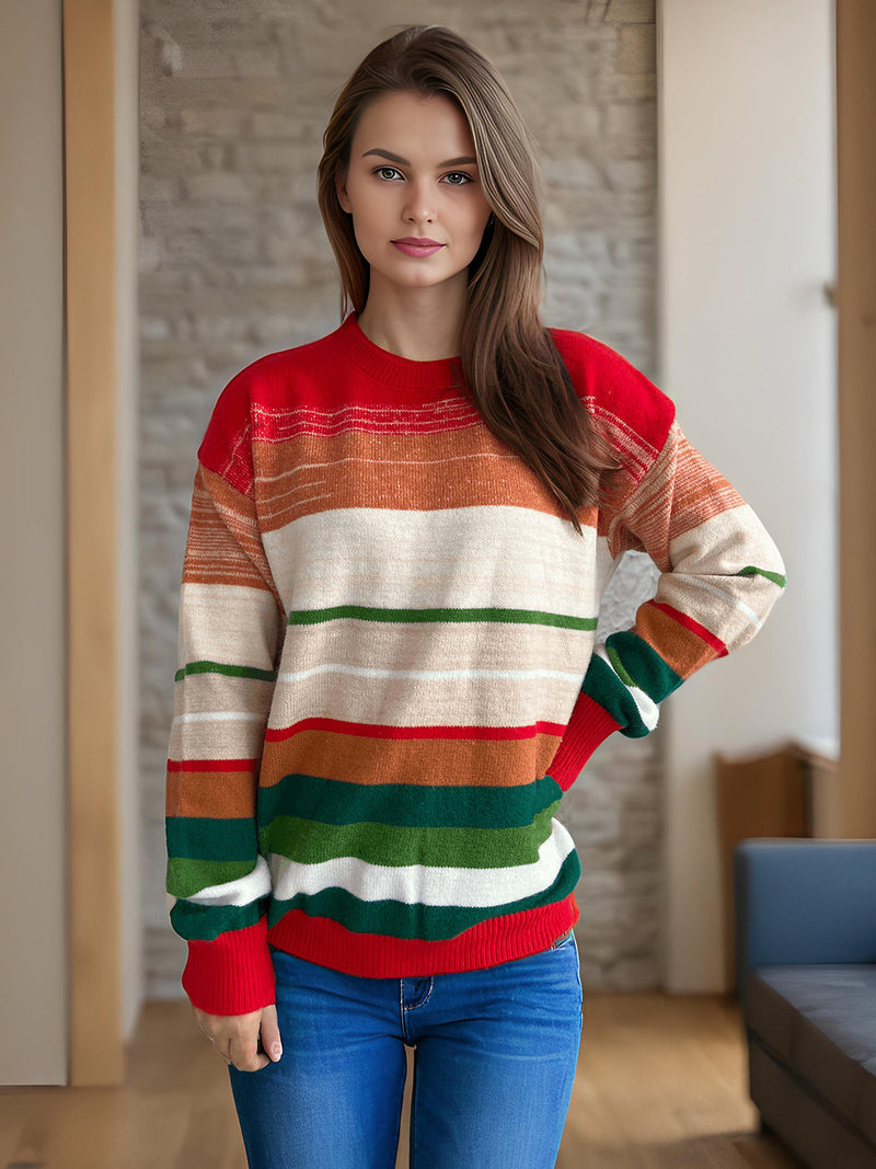 Contrast Striped Round Neck Long Sleeve Sweater Trandify Deal