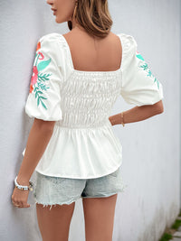 Summer Women’s Fashion – Smocked Square Neck Embroidered Blouse