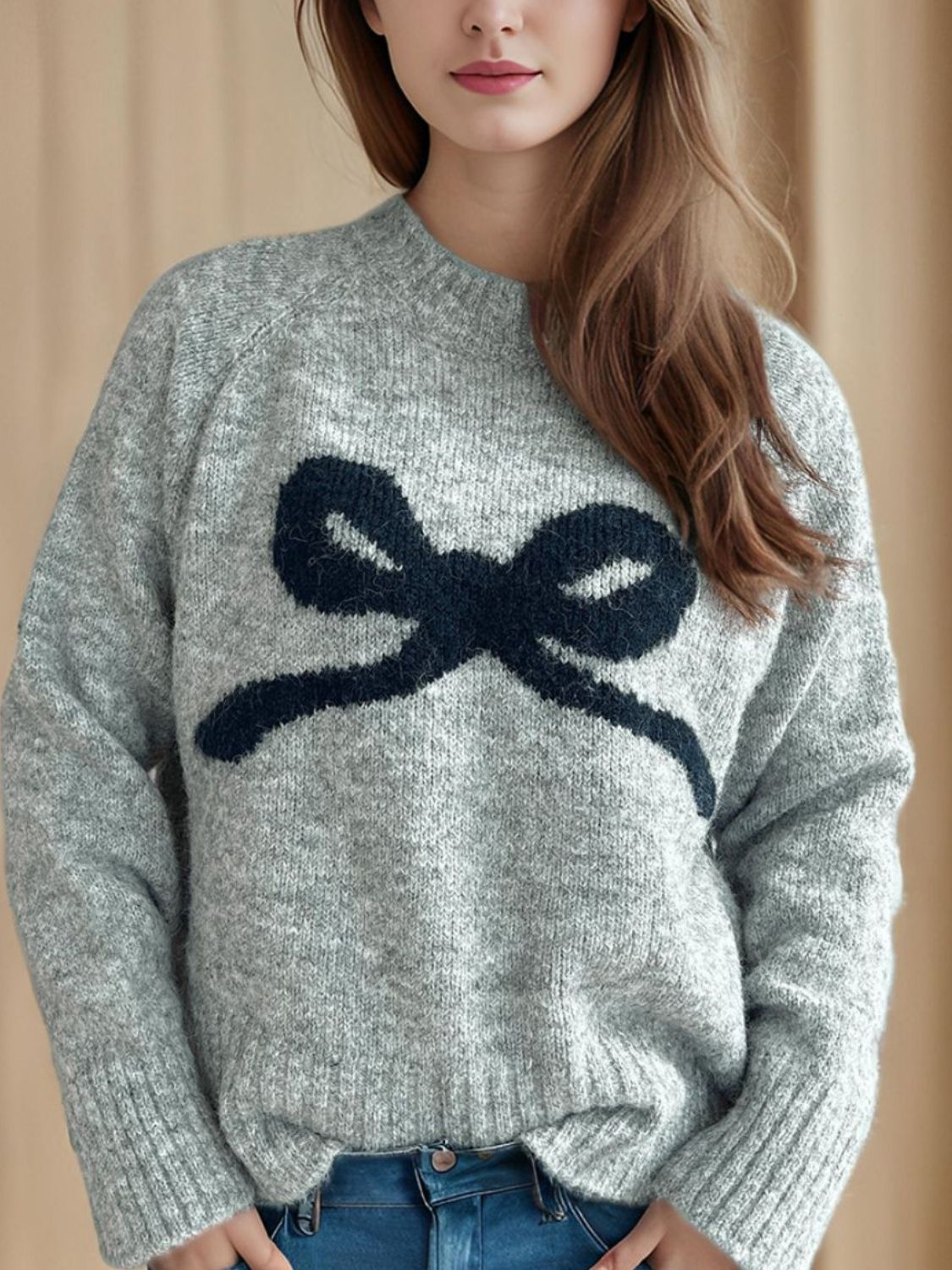 Bow Round Neck Long Sleeve Sweater Trandify Deal