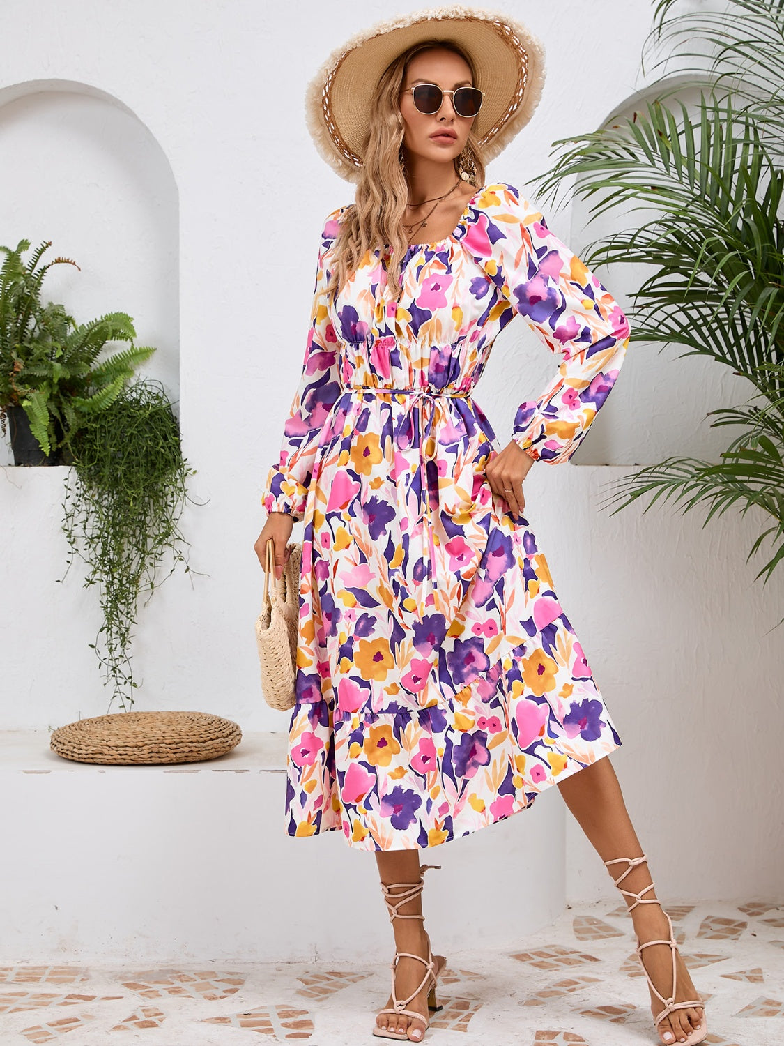 Printed Long Sleeve Midi Dress Trandify Deal