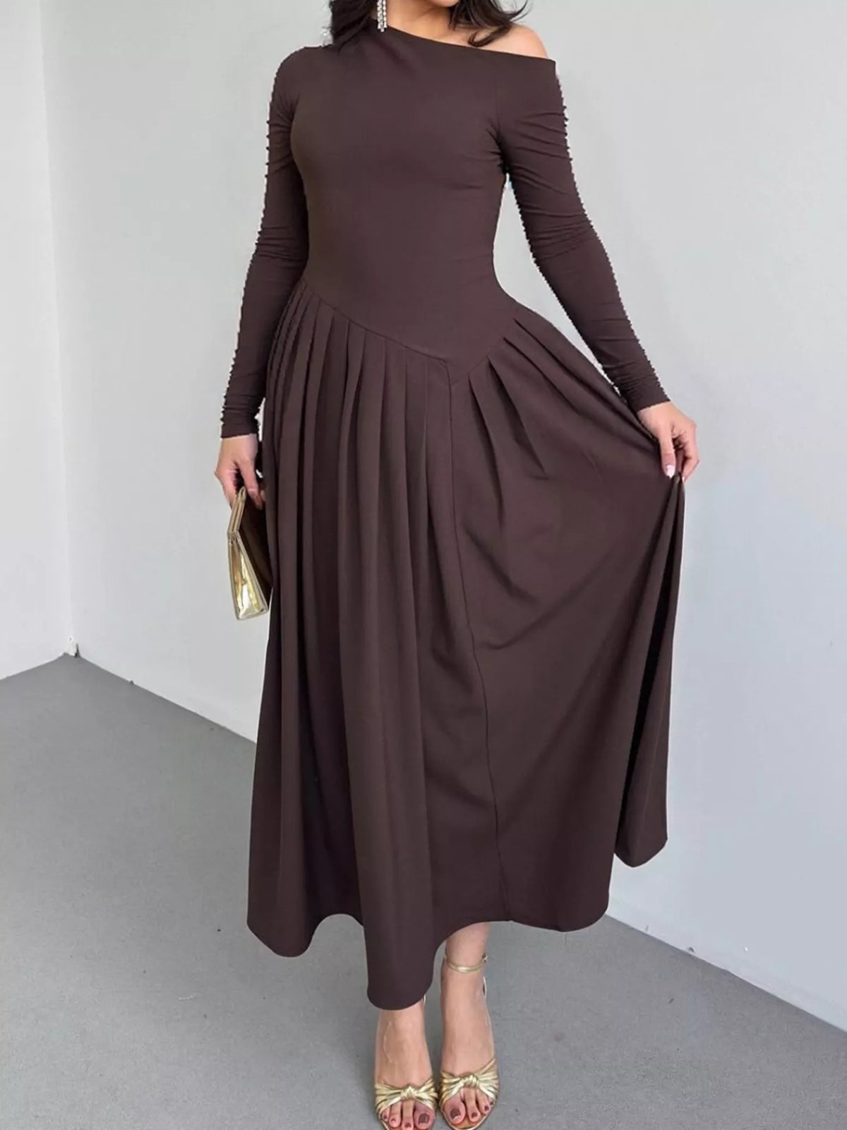 Ruched One Shoulder Bodycon Dress in Brown