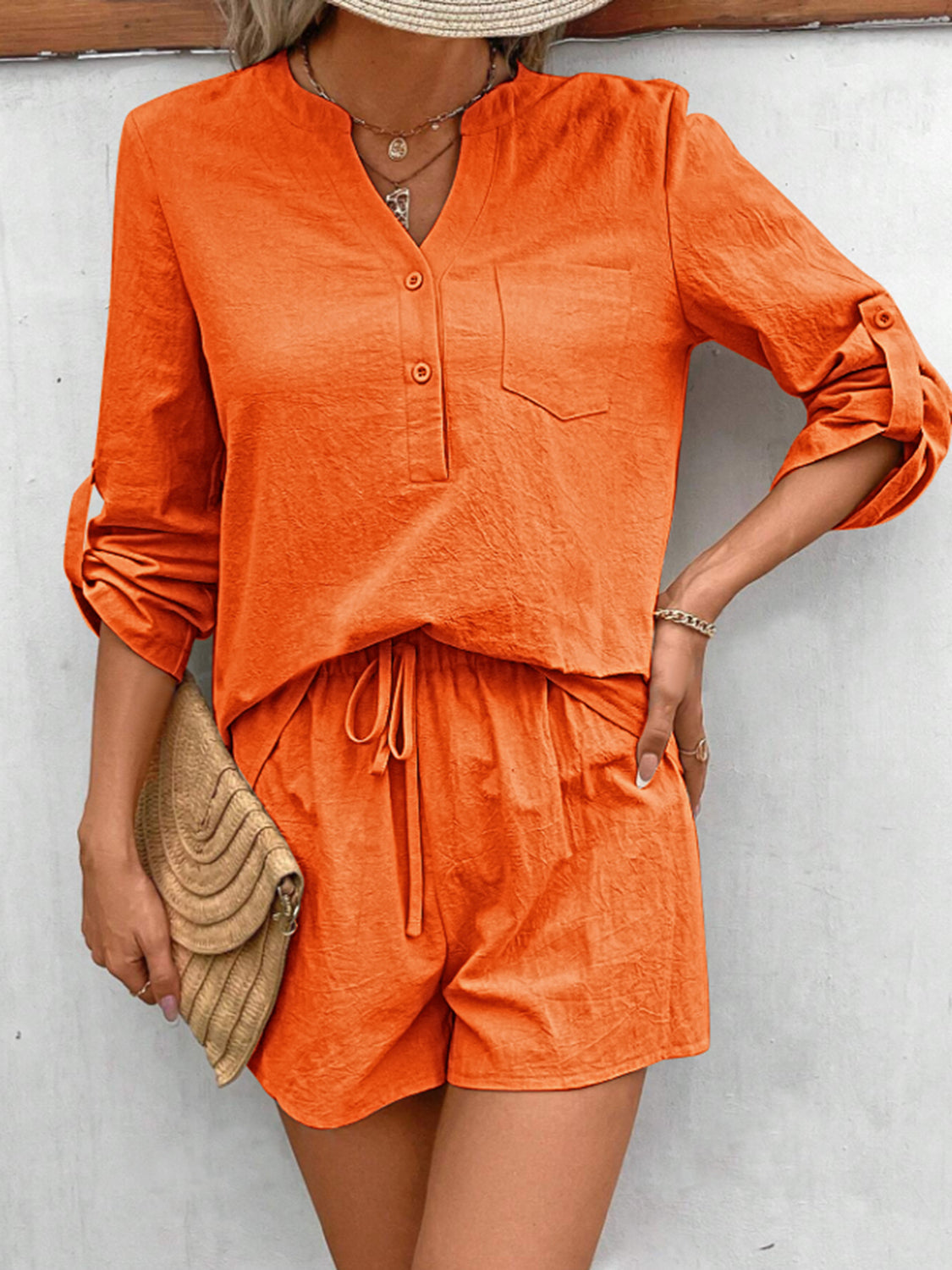 Notched Long Sleeve Top and Shorts Set Trandify deal