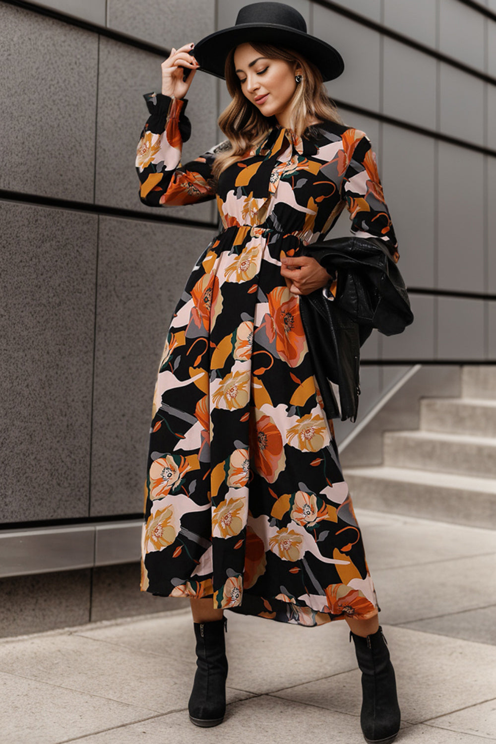 Printed Tie Neck Flounce Sleeve Dress Trandify deal