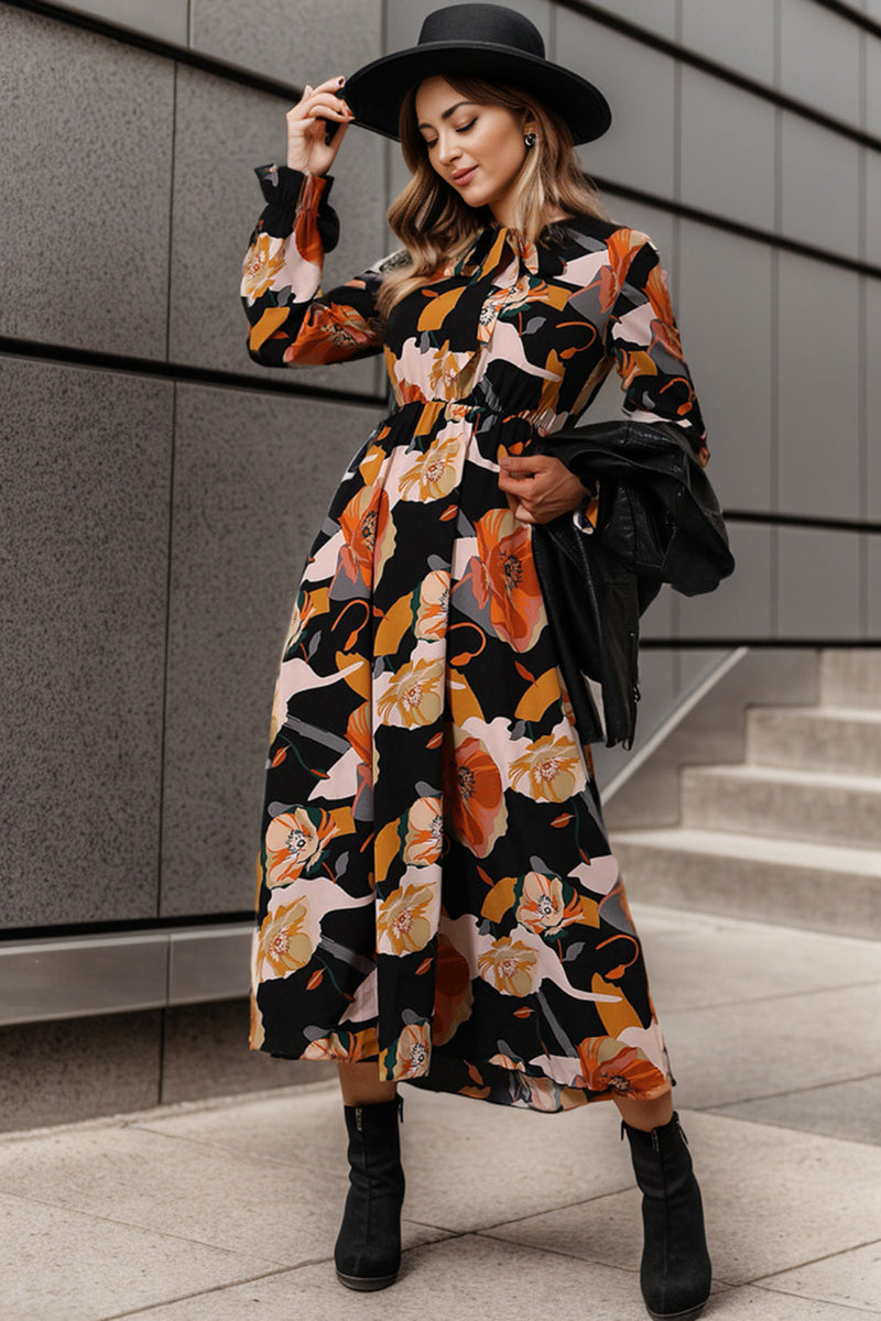 Printed Tie Neck Flounce Sleeve Dress Trandify deal